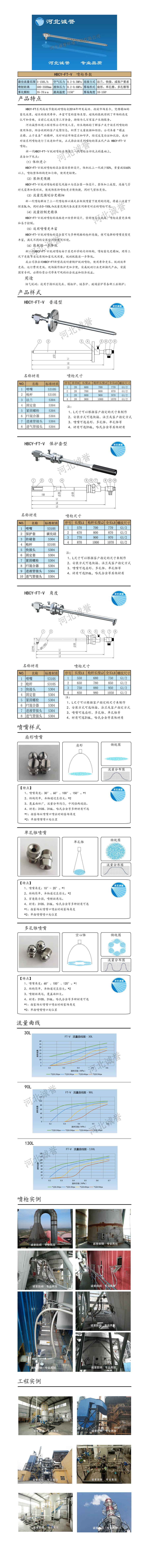 FT-V脫硝噴槍、保護套、噴槍參數、材質尺寸、流量分布圖、扇形空心錐俯視圖介紹，以及噴槍霧化視頻展示和工程案例介紹